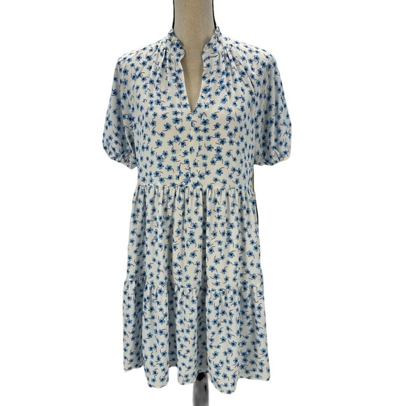 CeCe Short Sleeve Mock Neck Floral Print Midi Dress - Blue White - size Small - Picture 1 of 9